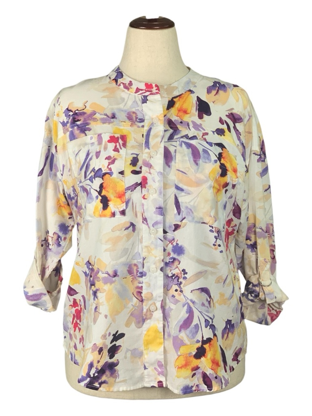 Zac & Rachel Floral Watercolor Button-Front Blouse Floral Print Cotton Small
